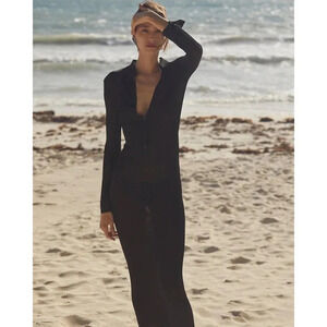 Aya Muse Amur Mesh Collared Button-Front Maxi Dress Black Size M NWT